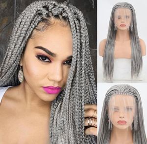 Elegante parrucca anteriore in pizzo intrecciato grigio argento Charisma con capelli da bambino per donne nere - Parrucca con trecce sintetiche - 2038391