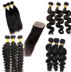 Pacotes de cabelo brasileiro virgem tece com fechamento de renda onda de corpo reto tramas de cabelo humano 100 não processado vison cabelo humano extensos3354940