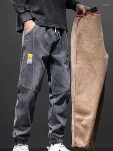 Мужские брюки, утепленные джинсы, мужские плюшевые винтажные зимние теплые карманы, свободные модные мужские брюки 2024, повседневные мягкие большие брюки с эластичной резинкой на талии
