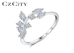 Czcity Korean Sterling Handmade Olive Leaf Rings for Women Exquisite CZ Stone Justerbar öppen ring Silver 925 smycken1964944