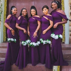 Bridesmaid Dress African Arabic Grape Junior Dresses Plus Size Mermaid Long Elastic Satin Gowns For Black Women Wedding Guests Wear Dhykd
