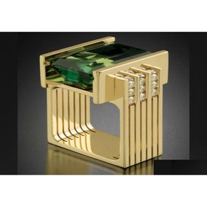 Cluster-Ringe 14 Karat Gelbgold Smaragd Schmuck Ring für Frauen Rectangel Green Topaz Anillos Bizuteria Edelstein Fahsion Ring3322687 Dro Dhqqf