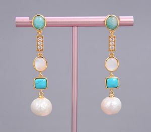 Guaiguai Jewelry White Keshi Pearl Shell Blue Turquoise Amazonite Drop Stud Earrings Handmade for Women Real Gems Stone Lady Fashi6083214