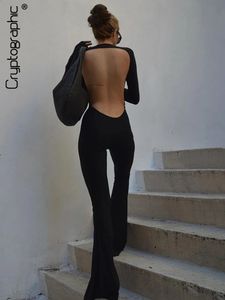 Cryptografik Siyah Seksi Sırtsız Tulumlar Kadınlar İçin Sıradan Flare Pants Torpanlar Kulüp Partisi Kıyafetleri Genel Giysiler 240129