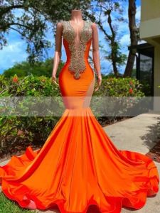 Luxury Orange Satin Mermaid Prom Dresses For Black Girls Sexy V Neck Beading Glitter Sequins Backless Evening Gowns Robe De Ball BC15130