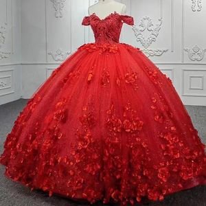Fantastisk röd quinceanera klänning elegant snörning bakifrån av axel 3d blommor applikationer korsett söta 15 vestidos de xv anos prom aftonparty klänningar bc18217