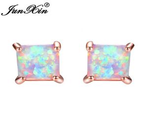 Junxin Greenbluewhite Fire Opal Studörhängen för kvinnor Rose Guldfyllda fyrkantiga örhängen Princess Cut Birthstone Earring Gifts7288470