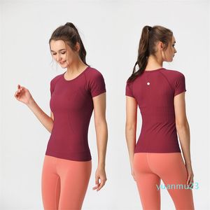 Lu Lemens Womens Yoga Outfit Kort ärmskjorta Solid Color Sports Shirts Running Excerise Gym Fiess Trainer Girls Silm Jogging Sportswear Breattable