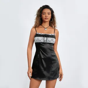 Casual Dresses Women's Tie-up Front Mini Dress Sleeveless Spaghetti Strap Lace Patchwork Short BodyCon Clubwear