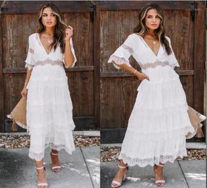 Vestidos casuais vestidos boho hippie chique branco mulheres sexy v pescoço 12 sleve rendas retalhos cintura alta bolo maxi vestido senhora praia 204388208