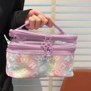 Niche rainbow color colorful cosmetic bag large capacity two-layer folding travel cosmetics storage handbag
