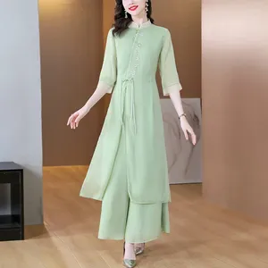 여자 2 피스 바지 중국 스타일 정장 2024 봄과 고수 자수 개선 된 청자 드레스 와이드 다리 세트 우아한 의상 Z667