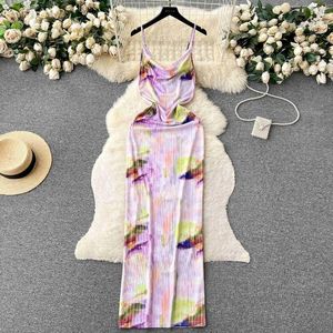 Casual Dresses French Retro Tie Dye Print Suspender Dress Women Summer Elegant Swing Collar Sleeveless Slim Mante Backless Maxi Vestidos