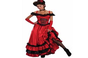 Costumi Catsuit Sexy Gypsy spagnolo Abito in pizzo rosso Cancan Donna Abiti lunghi con spalle scoperte Abiti Plus Size Saloon occidentale 8166304