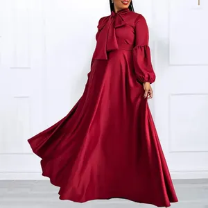 Casual Dresses 2024 Fashion Tie Up Long A-Line Dress African Women Bow Lantern Sleeps