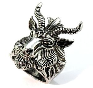 Whole- MMS Men Ring Jewelry Vine Satan Worship Baphomet Ram Aries Zodiac Sheep Goat Head Horn Biker Ring Wicca Star Baphomet Ring185w4774723