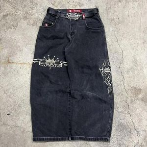 Erkekler kot sokak kıyafetleri jnco y2k pantolon harajuku retro hip hop desen gevşek denim siyah gotik yüksek bel geniş