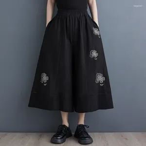 Calças femininas preto retalhos cintura alta primavera verão perna larga culotte bordado floral moda feminina saias casuais