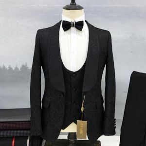 Herrkoppling män passar för bröllop lyxjacka västbyxor tre bitar vit svart sjal lapel singel breasted smal fit blazer skräddarsydd