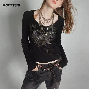 Karrcat Grunge Aesthetics Ribbed Tops Vintage Tattoo Print Long Sleeve Tshirt Punk Black Tshirt Gothic Alt Streetwear 240124