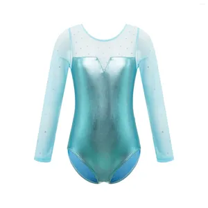 Abbigliamento da palcoscenico Body per balletto per ragazze per bambini Pattinaggio di figura Danza Ginnastica ritmica Performance Costume a maniche lunghe con strass metallico