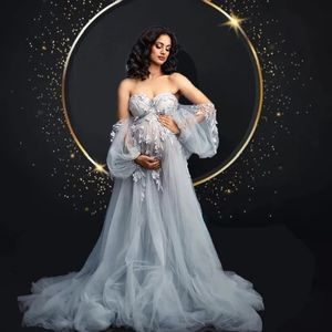 Bajkowe sukienki z tiulu macierzyńskie sheshoot koronkowe aplikacje na baby shower sukienki dla kobiety w ciąży maxi suknia