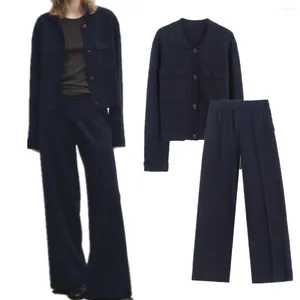 Women's Pants Withered Knitted Two Pieces Sets Women Fashion Cardigans Navy Color Minimalism