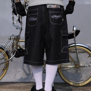 Men's Pants Hip Hop Summer Embroidery Floral Baggy Over Knee Jeans Shorts Vintage Wide Leg Pockets Oversized Denim Five Point