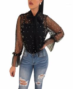 Adogirl Sheer Mesh Pearls Women Sexy Crop Tops Blouses Bow Tie Long Sleeve Shirts Summer Beach Cover Up Ladies Blouses18055116