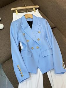 High Street Est 2024 Tasarımcı Ceket Moda Kadınlar Klasik İnce Featting Çift Göğüslü Aslan Metal Düğmeleri Blazer Blue 240201