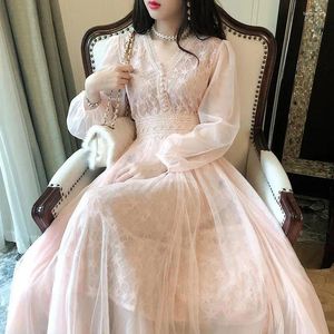 Casual Dresses 2024 Spring Women Sweet Ladies Lace Mesh Dress Long Sleeve Beach Style Evening Party Puff J289