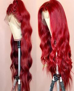 Vågig färgad spets främre mänskliga hår peruker förpluckade full frontala röda vinröd remy brasiliansk peruk för svarta kvinnor kan göra 360 bun3543453