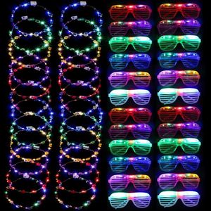 Sun Glasses 48Pcs Crown Headband Multicolor LED Flower Wreath Light Up Glow Shutter Shades Glasses Party Supplies