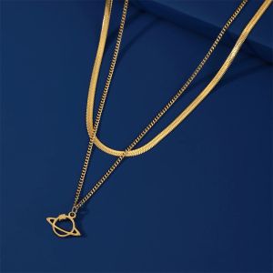 Planet Saturn Pendant Necklace For Women Girls 14k Yellow Gold Color Choker Dubbelskikt Snake Chain Kpop smycken