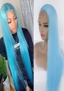 Skyblue renk tam peruk doğal saç çizgisi sentetik dantel ön peruklar zahmetsiz ısıya dayanıklı fiber sentetik saç perukları blackwhi4939891