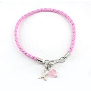 Partihandel enkel rosa pu -braid läderarmband medvetenhet smycken bröstcancer armband med rosa hjärtband charm pulsera