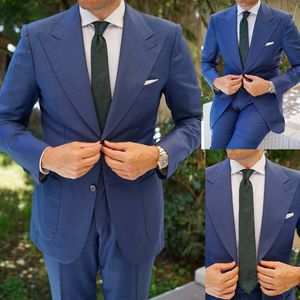 Classic Blue Men Suit Wedding Peaked Lapel Two Button Groom Tuxedo Slim Gridegroom Suits 2 -Piece (Blazer Pant)