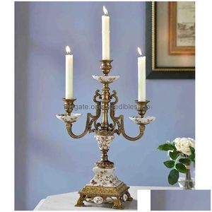 Candle Holders Modern Luxury Large Tabletop Ceramic With Brass Candlestick Craft Flower Pattern Holder For Home Decor Drop Delivery G Dh6B7
