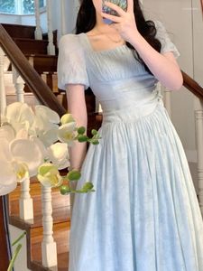 Sıradan elbiseler yaz Fransızca zarif kare yakalı çamur kısa elbise mavi uzun kollu şifon vestidos de fiesta para bodas