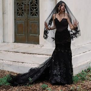 Gotik Siyah Denizkızı Gelinlik Dantel Aplikler Boncuklu Sevgiliye Boyun Uzun Vintage Gelin Gowns Geri Dantel Artı Boyut Gelin Elbise 2024