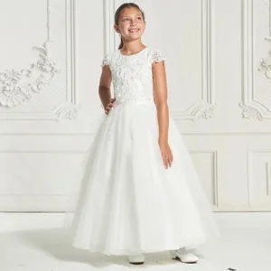 Girl Dresses White A Line Flower Glitter Sequins Lace Kids Birthday Gowns Knee Length Little Girls First Communion