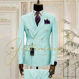Męskie garnitury Blazery Slim Fit Suits 2 sztuki szczytowe klapy podwójne piersi ślub smokingowy groom branża branża najlepszy człowiek (blazer+kamizelka) kostium homme
