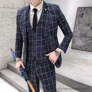 Erkekler Suits Blazers (Ceket + Yelek + Pantolon) Erkek Moda Butik Ekose resmi iş takım elbise ince ekose düğün erkek takım elbise bej gri siyah mavi