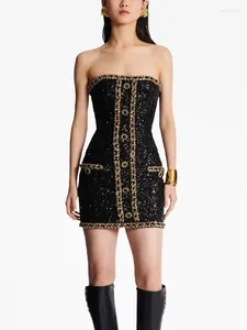 Casual Dresses High Street est Fashion 2024 Designer Women's Gold Chains Sequined Adrapless mantelrörsklänning