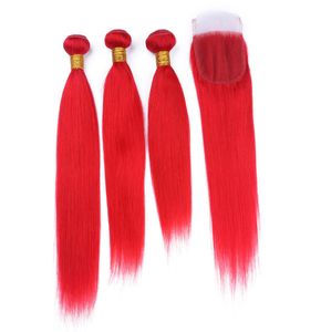 Novidade cabelo humano vermelho reto e sedoso 3 pacotes com fecho de renda popular cor vermelha cabelo brasileiro tece com fechamento de renda 4x6427557