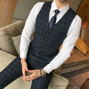 Men's Suits Blazers ( Vest + Pants ) 2Pce Set Mens Fashion Plaid Slim Casual Business Suit Vest Pants Groom Wedding Dress Formal Waist Coat Trousers