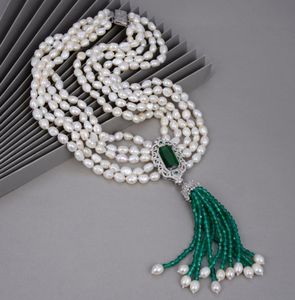 GuaiGuai Jewelry 5 Strands White Baroque Freshwater Pearl Green Agate Necklace CZ Pave Plated Pendant Handmade For Women Real Gems7411156