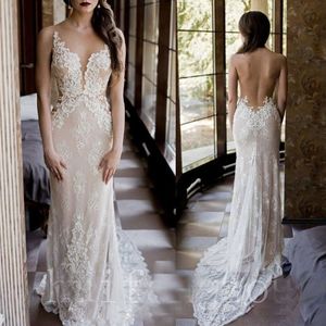 Sheer Vestido de Noiva Gelinlik Derin V Boyun Deniz Kızı Aplikes Dantel Sırtsız Şampanya Gelin Elbiseler Gelin Gowns Robe De Mariee