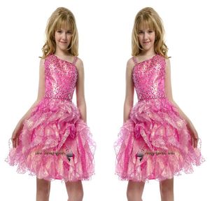 2015 Paillettes Pre Teen Breve Perline Pieno Rosa Abiti da spettacolo per ragazze Piega Lunghezza al ginocchio Bambini piccoli Abiti da festa per ragazze grandi9025773