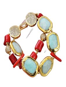 Guaiguai Jewelry Stone Natural Green Amazonite Red Coral Rectangle Gold Color Prated Strands Pracelet Handmed For Women RE3908775